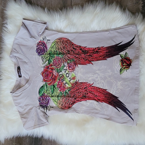 Jackie K Angel wings roses studded top L true love - Picture 1 of 7